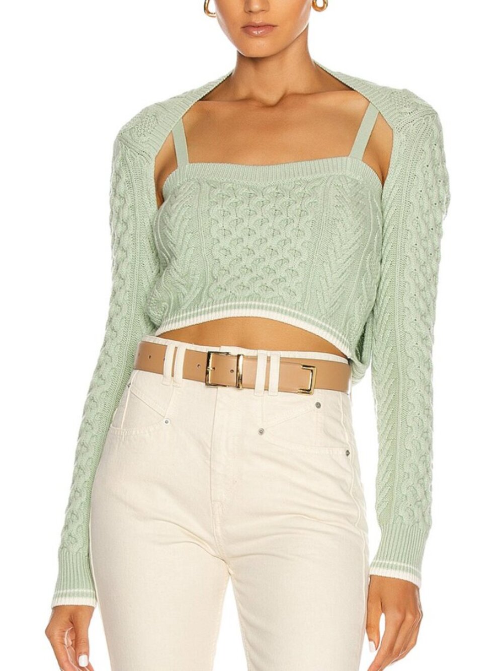 Rosie Assoulin Thousand In One Ways Mint Green Cable Knit Sweater